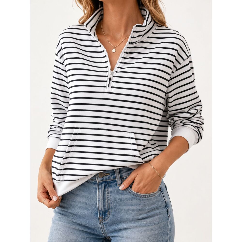 St. John's Bay Petite Striped Quarter Zip Pullover‎ Sweatshirt PL Coastal Preppy